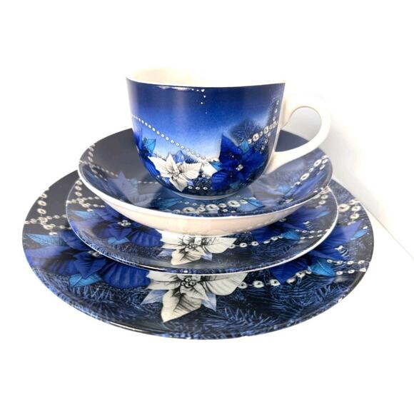 4pc Dinner Set Blue Floral Design; 10", 8" Plates 16oz Mug 7.5" Soup Bowl - Picture 1 of 4